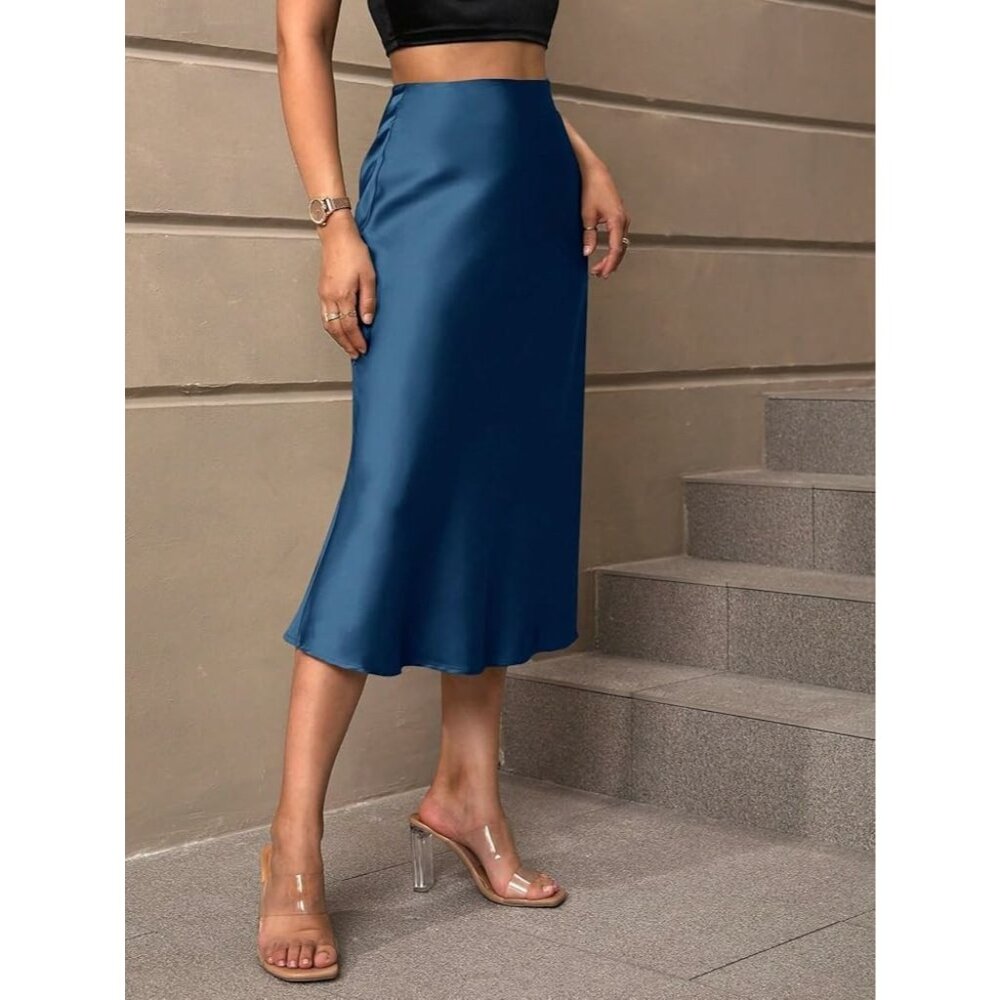 NWT CALLIGRAPHIE TURQUOISE SATIN MIDI SKIRT MEDIUM - Picture 2 of 9